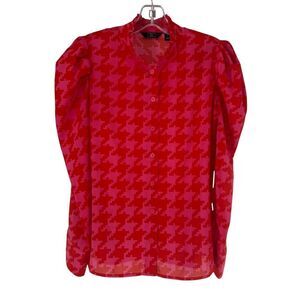 G by Giuliana Top Sz 0 Red Pink Herringbone Puff Sleeve Button Up Ruffle Collar